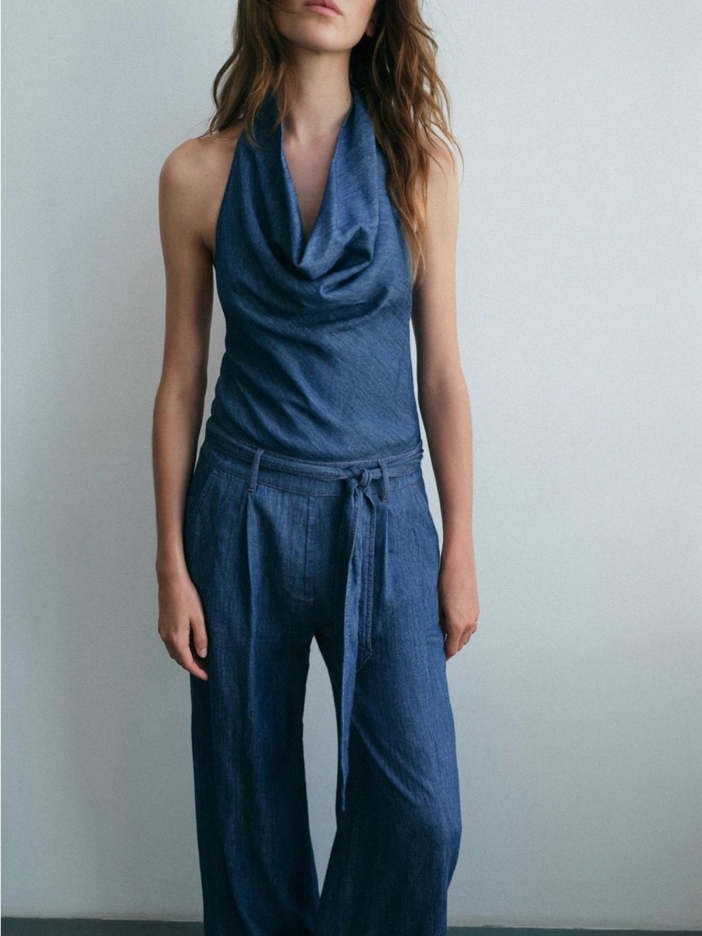 Zara Dark Blue Back-Tie Denim Jumpsuit